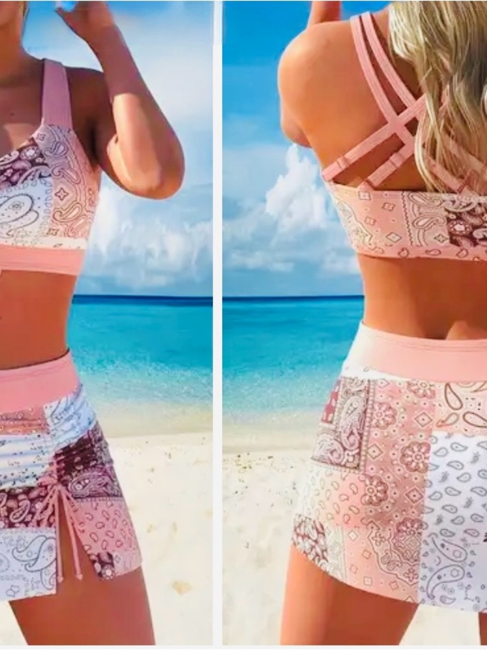 Pink Paisley Patchwork Bikini Top and Skirt Swim Set
